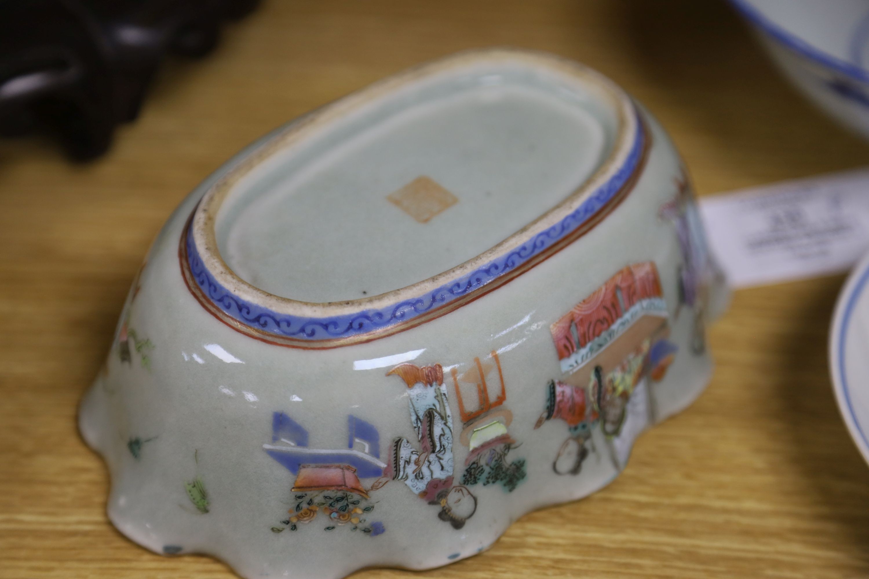 A large early 20th century Chinese cloisonné enamel ‘dragon’ bowl and two Chinese Tongzhi celadon ground famille rose bowls 31cm